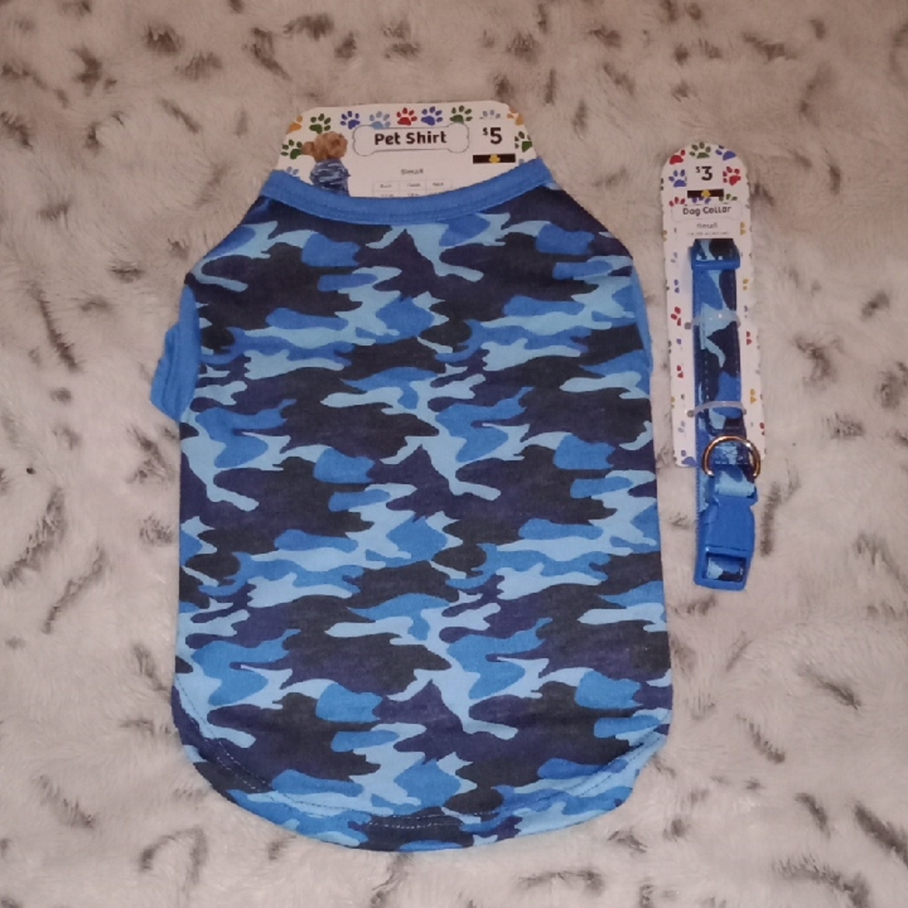 Stylish Blue Camo Dog Shirt and Collar Set Size Small
